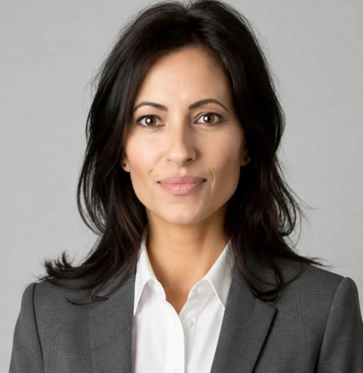 Lori Bellman in a grey jacket and white shirt against a neutral background