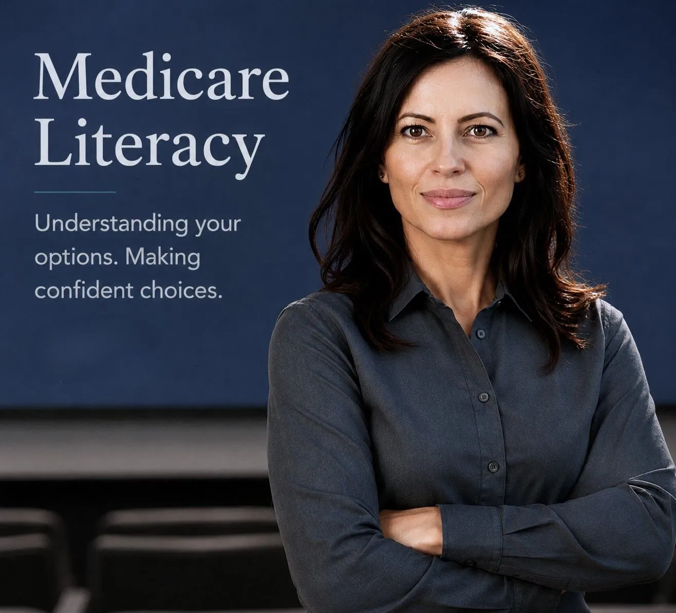 Medicare Literacy composite showing Lori Bellman teaching in a professional educational setting